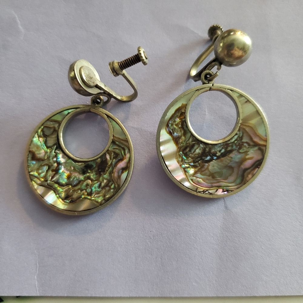 Abalone Shell Stainless Steel Clip On Screw Back Earrings Vintage